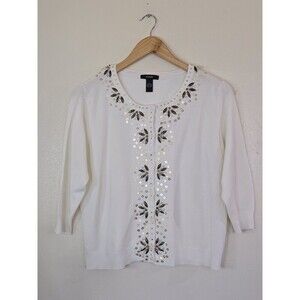 Alfani White Beaded Sequin Cardigan Womens Size Large Button Up 3/4 Sleeve